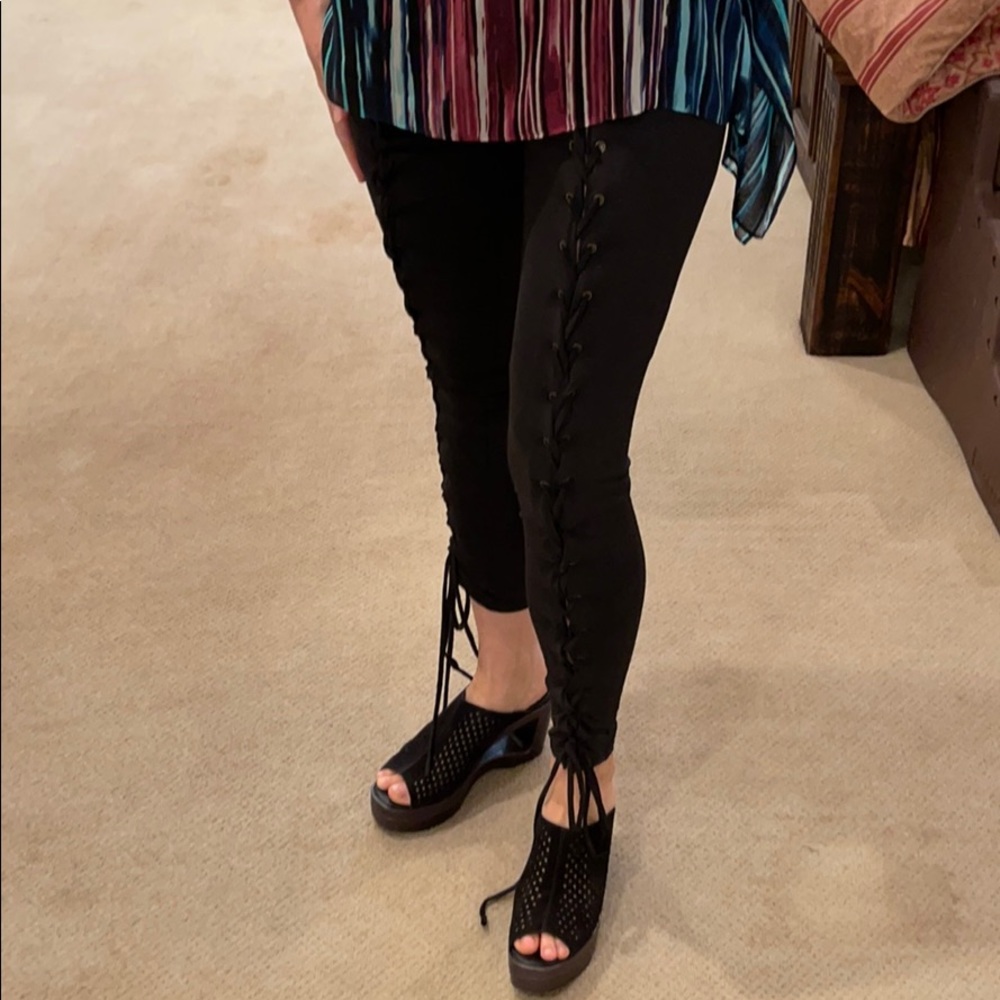Black Polyester Lace up leggings -size Large